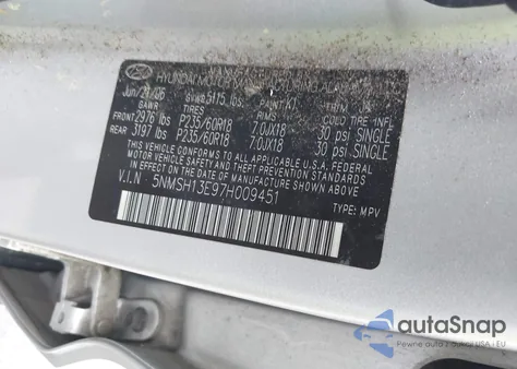 2007 Hyundai Santa Fe Limited/Se z USA, uszkodzony, nr VIN 5NMSH13E97H009451